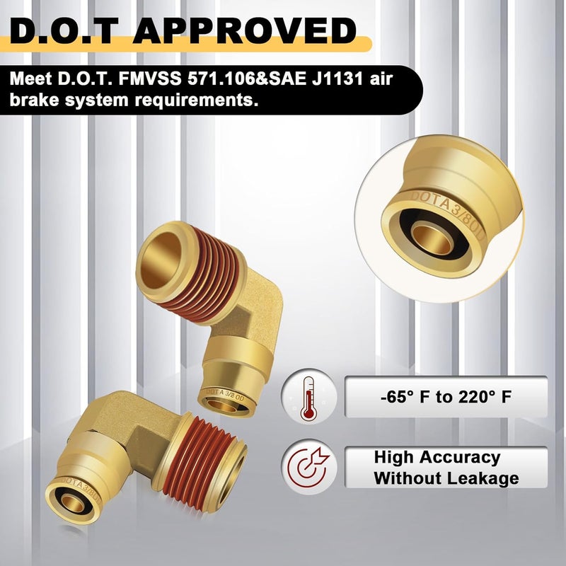 Siptenk 3/8" Elbow DOT Brass Push to Connect Air Line Fittings 5 PCS, 3/8" OD Tube x 1/2" NPT Thread Air Brake Line Quick Connect Fittings for Truck Trailers Industry Air System - Image 4